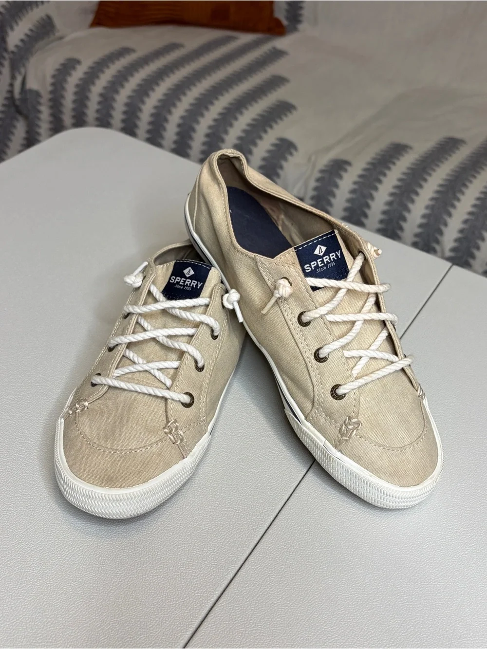 Sperry Beige Canvas Boat Shoes with White Soles 8